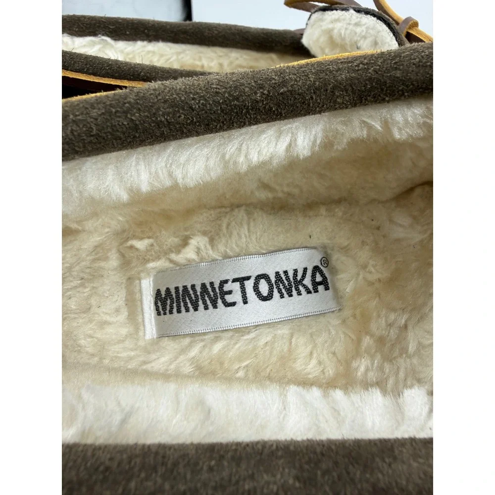 Minnetonka piled lined Suede Moccasin Slippers Mens 7.5 brown Faux Fur Lined